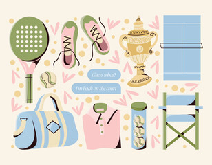 Paddle Tennis Racket, Shoes, Shirt, Balls, Trophy, Court, Bag, Chair. Flat Vector Illustration in Pastel Colors. Tennis Padel Hobby Sport Equipment and Tournament Concept