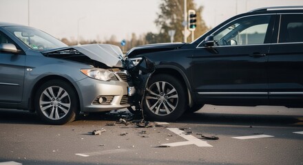Two crashed cars on road. Major damage after traffic accident. Auto insurance, repair service, and road safety concept.