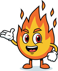 Friendly flame mascot character, smiling fire cartoon illustration, hot blazing flame icon, cheerful fire symbol, animated burning flame logo for design
