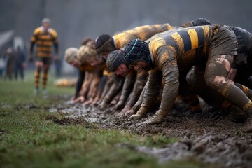 Rugged rugby players compete in a muddy match during a cold afternoon in an outdoor field
