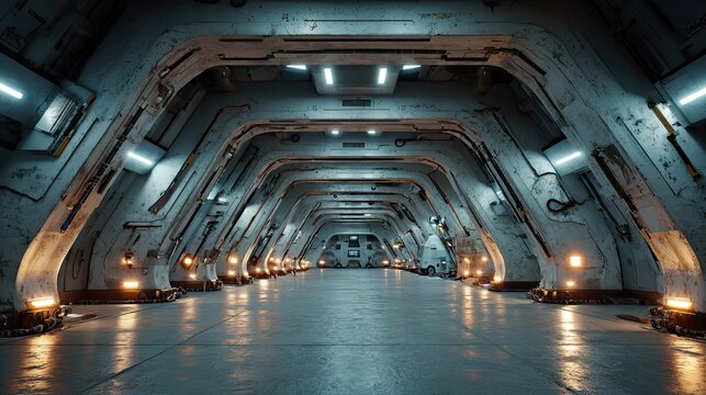 Sci-fi spaceship warehouse tunnel with glowing lights, futuristic industrial architecture for gaming, technology, and design ads