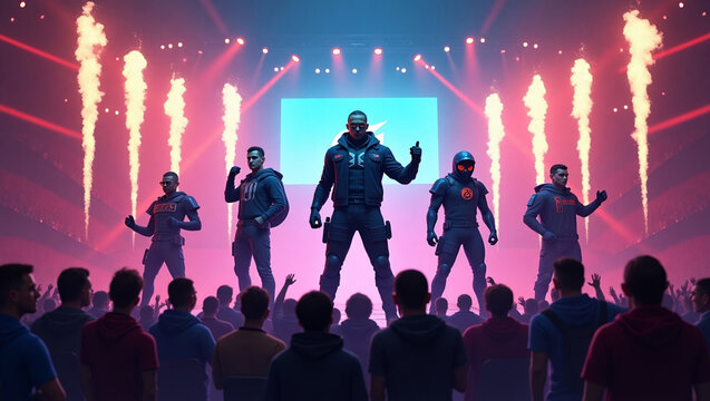 A group of esports players wearing futuristic hoodies and techwear-inspired outfits make their dramatic entrance onto a stage surrounded by pyrotechnics and LED lighting. The background features an ex