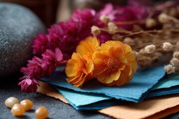 Colorful dried flowers arranged with stones and textured papers in a calm indoor setting during afternoon light