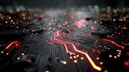 Sci-fi motherboard neon floor with glowing circuit pattern, futuristic technology concept for gaming, virtual, and design ads