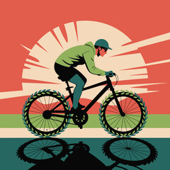 Fototapeta premium Cyclist Riding Green Leafed Tire Bicycle at Sunset Vector Illustration Silhouette Man in Green Jacket Black Pants Helmet Red Orange Background