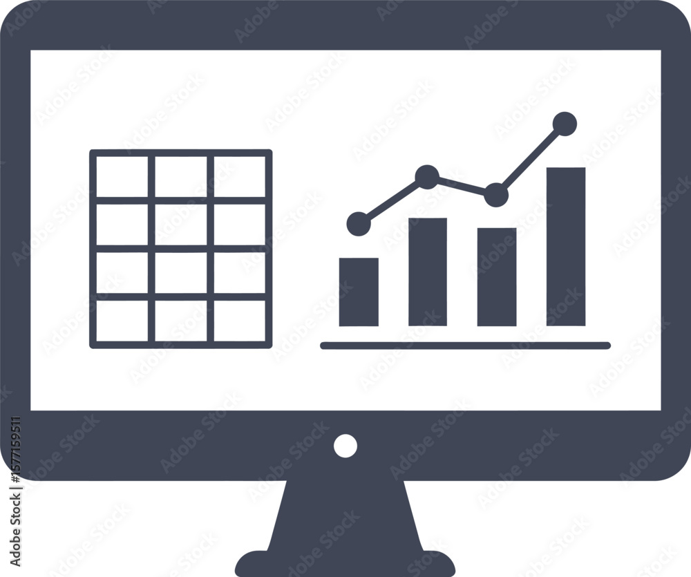 Aufkleber computer screen displaying a grid and a graph with bars and a rising line.