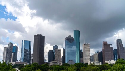 City skyline under a partly cloudy sky