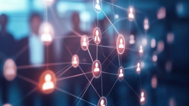 A digital network of interconnected user icons representing social or professional connections in a blurred corporate environment.