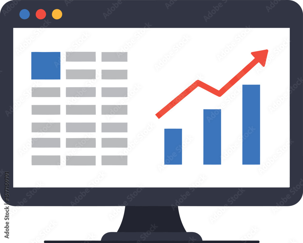 Poster computer monitor displaying data charts and graphs, indicating financial growth and analysis.