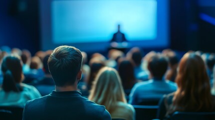 Audience attentively watching a speaker presenting in a dimly lit conference or seminar room.