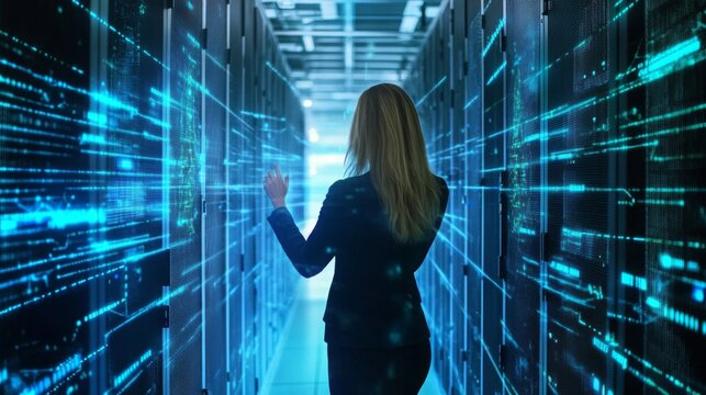 A woman stands in a data center aisle, interacting with glowing server racks on both sides, surrounded by futuristic blue digital light effects. - Powered by Adobe
