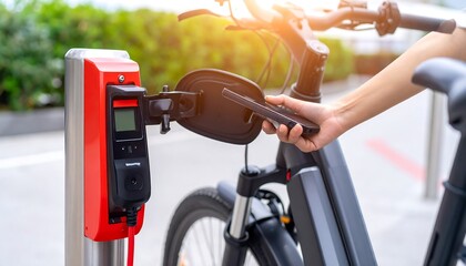 Person charging e-bike at station
