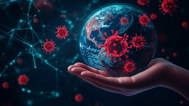 A digital illustration showing a hand holding Earth surrounded by red virus particles symbolizing global viral infection or pandemic impact.