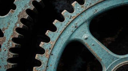 Rusty blue gears interlocking in vintage machine design