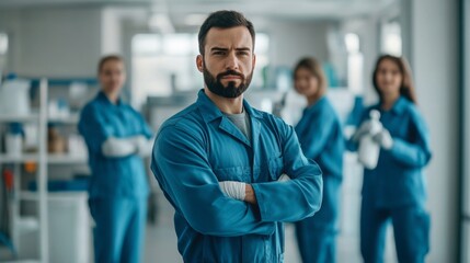 Fototapeta premium A confident man in a blue work uniform stands with arms crossed, with three colleagues blurred in the background, suggesting teamwork and professionalism in a work setting.