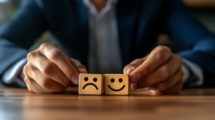 A person in a suit holds two wooden blocks showing a sad face and a happy face, symbolizing emotional choices or mood changes.