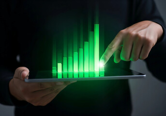 Businessman Using Tablet with Green Bar Graph Hologram Futuristic Financial Data Analytics Visualization