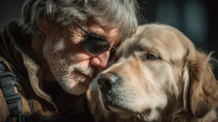 Man and Golden Retriever in a Moment of Profound Inter-species Connection