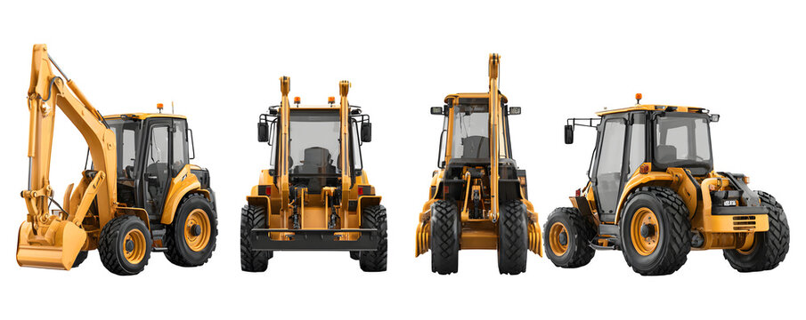 Detailed Transparent-Background Realistic backhoe loader arranged in a PNG cutout, commercial stock asset, ideal for web banners and marketing materials, branding, creative projects