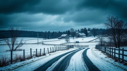 Snowy Road to Farmhouse: A tranquil winter scene unfolds as a snow-covered road winds towards a quaint farmhouse nestled amidst a serene landscape, with a dramatic sky overhead.