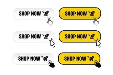 Buy now button with shopping cart. Shop now. Modern collection for web site. Online shopping. Click here, apply, buttons hand pointer clicking. Web design elements. Vector illustration. Vector eps.