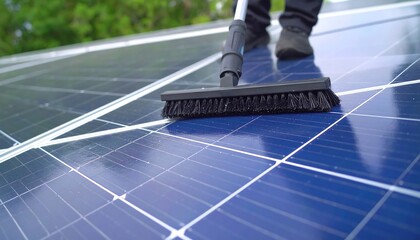 Person cleaning solar panels with brush