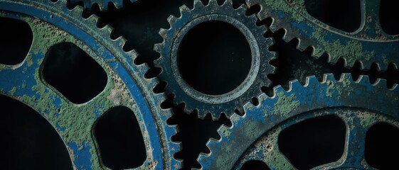 Worn industrial gears with oxidized green-blue patina