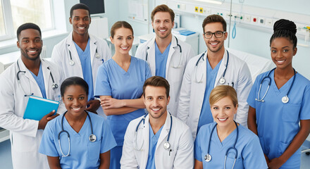 Smiling medical team, including doctors and nurses, representing a happy and united healthcare team.