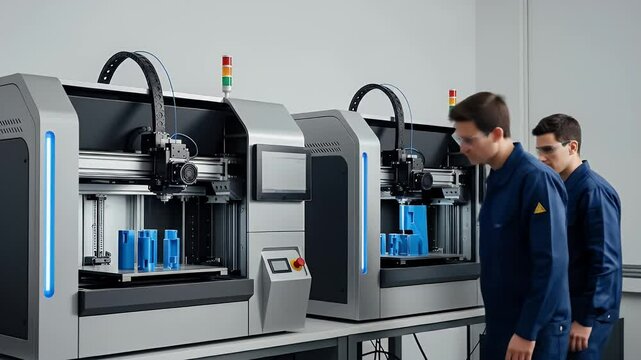 Engineers Operating 3D Printing Machines in Modern Industrial Laboratory