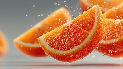 Vibrant close-up of juicy orange slices with water droplets in a dynamic display.
