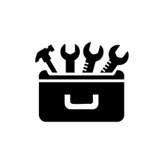Black vector icon of a toolbox filled with wrenches and a hammer, symbolizing technical support, maintenance, and repair services.