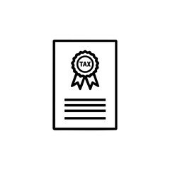 Black line vector icon of a tax document with a ribbon seal, symbolizing official taxation, certification, and financial regulation.