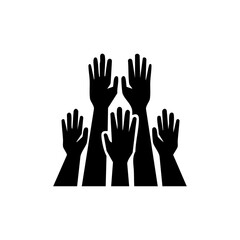 Obraz premium Black vector icon showing a group of raised hands, symbolizing participation, volunteering, voting, or community engagement.