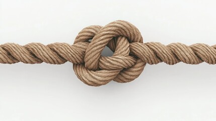 Obraz premium A tightly bound knot in a thick, light-brown rope against a stark white background