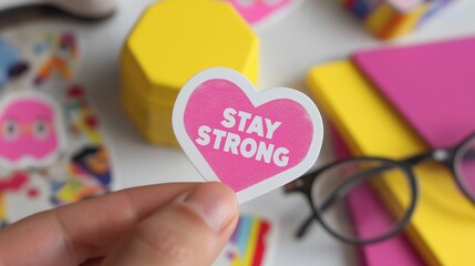 Stay Strong motivational text with kawaii heart design in pastel pink colors perfect for inspirational stickers wellness branding mental health support and encouragement messaging 