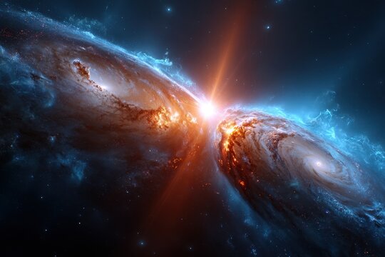 Galaxies collide in spectacular cosmic display, showcasing brilliant colors and intense energy in deep space