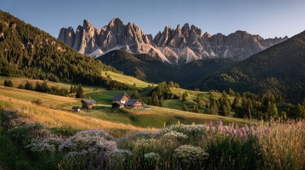 A breathtaking mountain landscape featuring rolling hills, charming houses, and a diverse display of flora and fauna