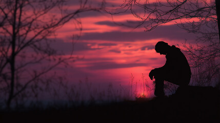 A man is sitting on a rock and looking at the sunset