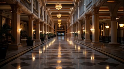 Fototapeta premium Architectural photography of grand casino interior, symmetrical columns, warm lighting, elegant layout