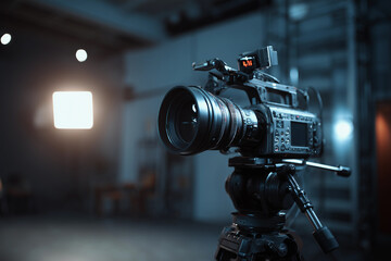 Video camera on sturdy tripod focused in studio environment, capturing detailed visuals for precise macro photography and scientific exploration