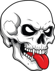 Cartoon skull with red tongue – edgy skull illustration with sharp teeth, hollow eyes, and aggressive expression for tattoos or graphic design