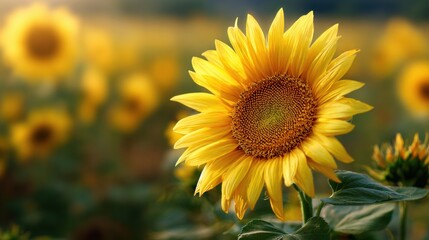 Fototapeta premium A close-up shot of a vibrant sunflower in full bloom, with a backdrop of a sunflower field. The flower's yellow petals radiate outward from a dark center.