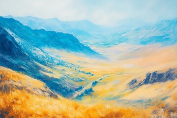 Obraz premium Vibrant painted landscape of rolling hills and distant mountains under a bright sky, evoking tranquility and beauty.