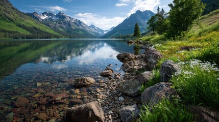 Naklejka premium A tranquil landscape with a serene lake, mountains and greenery surrounding it