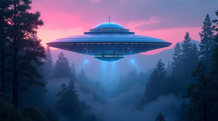 Flying saucer hovering over misty forest at sunset spacecraft alien