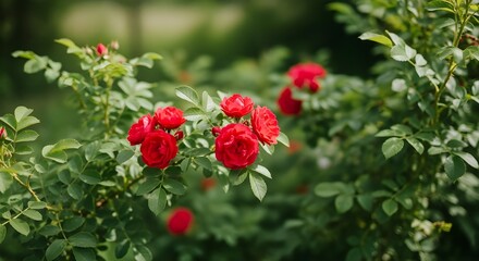 Obraz premium Blooming Wild Rose Bush in Lush Garden
