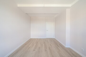 Bright, empty room with light wood floors, pale walls, white trim, and a white door. Minimalist...