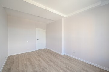 Bright, empty room with light wood floors, pale walls, white trim, and a white door. Minimalist...