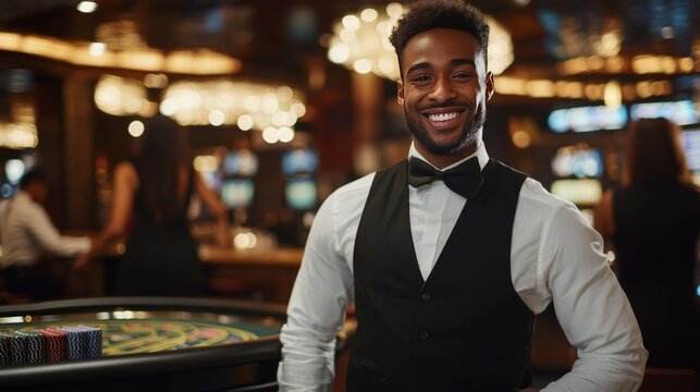 Casino employee greeting guests at entrance with polite smile, luxury backdrop,