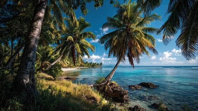 Samoa independence tropical landscape with lush palm trees and ocean horizon, national celebration scenery concept for ads - Powered by Adobe